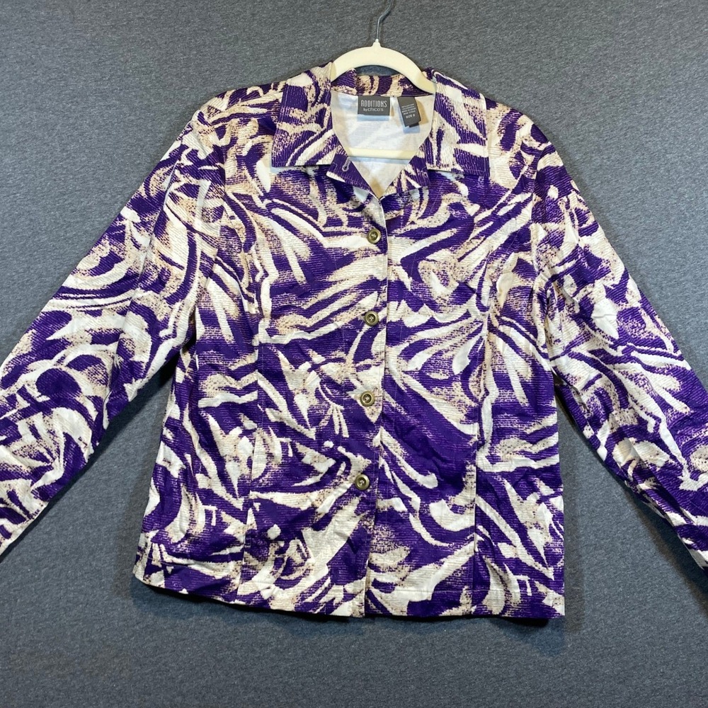 Additions by Chicos Purple Cream Abstract Print Button Up Textured Jacket Size 2